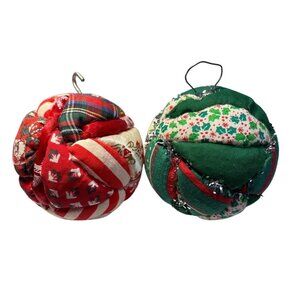 Vintage Holiday Fabric Christmas Ornaments Red & Green Patchwork Design 3 Inches